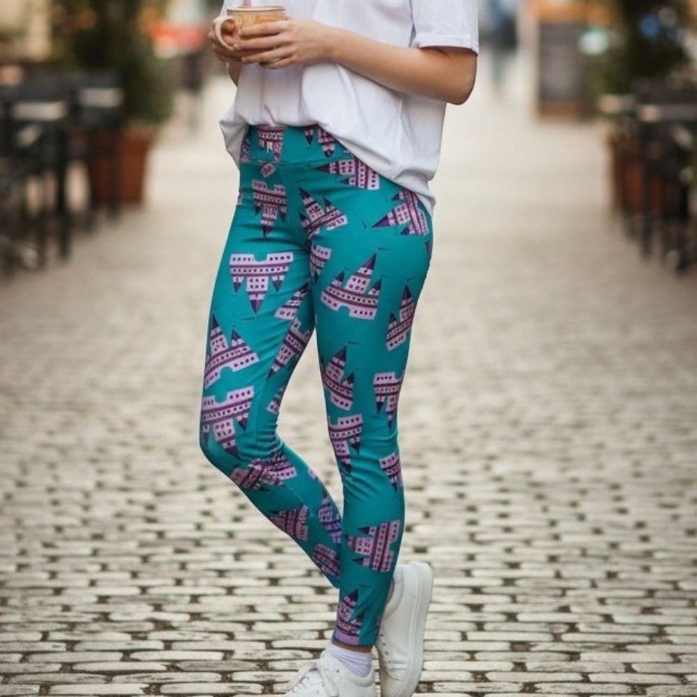 LuLaRoe Castle Print Teal Purple Womens Leggings One Size OS Disney Style Royal